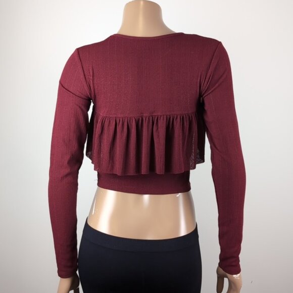 3/$20 Zara W&B Collection Maroon Long Sleeve Crop Top Tiered Ruffle Flounce Fall - Picture 6 of 11